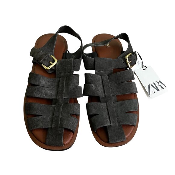 ZARA Suede Fisherman Sandals Gray Size 9 Leather Buckle Strap Flat NWT - Picture 3 of 7